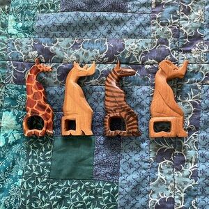 Hand Carved African Safari Animals Wood Napkin Rings Set of 4 Tribal Folk Art